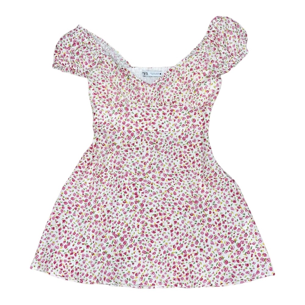 Zara Linen Blend White & Pink Floral Mini Dress Size Medium - Picture 7 of 9